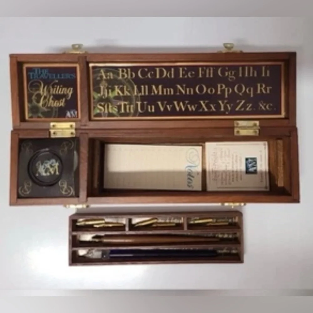 Traveller's Writing Chest w/ Calligraphy Tools Wood Box Ink + Glass Writing Pen